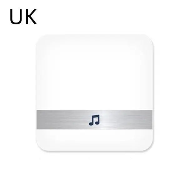 White UK wireless doorbell chime with silver horizontal strip and black music note icon in center