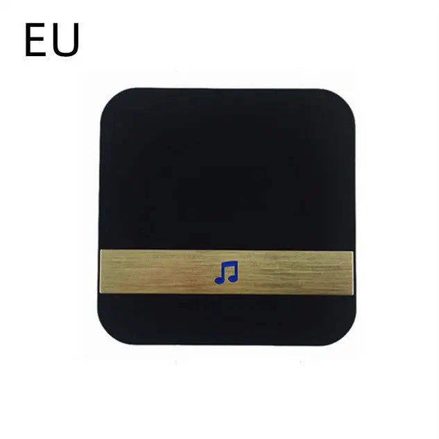 Square black wireless doorbell button with horizontal gold strip and blue music note icon labeled EU region