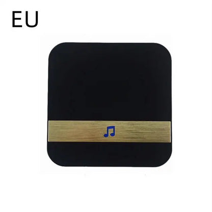 Square black wireless doorbell button with horizontal gold strip and blue music note icon labeled EU region