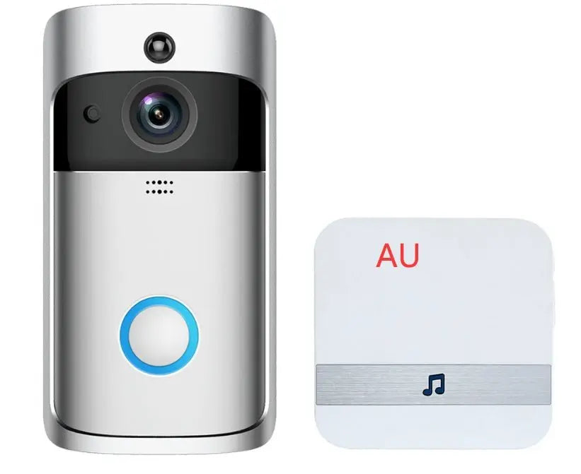 Front view of silver smart wireless video doorbell with camera lens and separate white chime unit marked AU