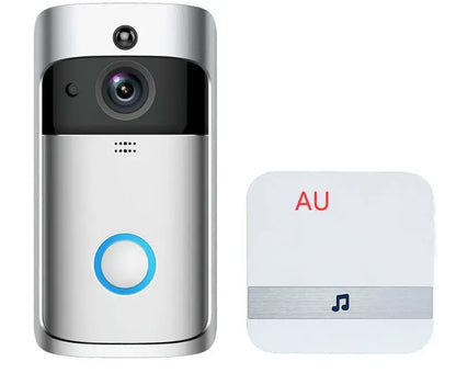 Front view of silver smart wireless video doorbell with camera lens and separate white chime unit marked AU