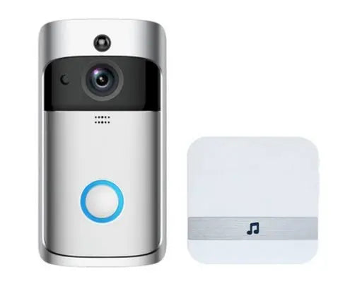 Silver smart wireless WiFi video doorbell with camera lens and separate white chime box with music note icon