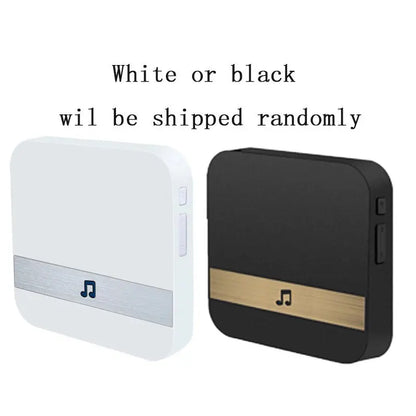White and black wireless doorbell receivers with silver and gold music note button strips shown side by side