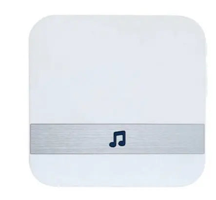 White square smart doorbell chime with silver horizontal stripe and black musical note icon in center