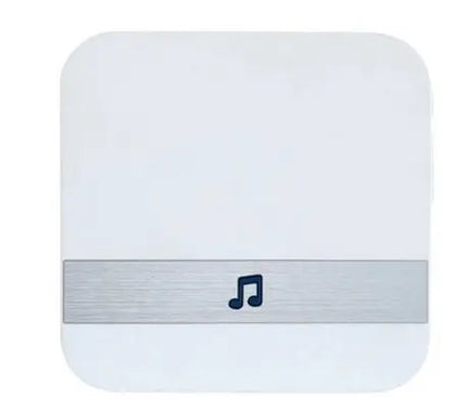 White square smart doorbell chime with silver horizontal stripe and black musical note icon in center