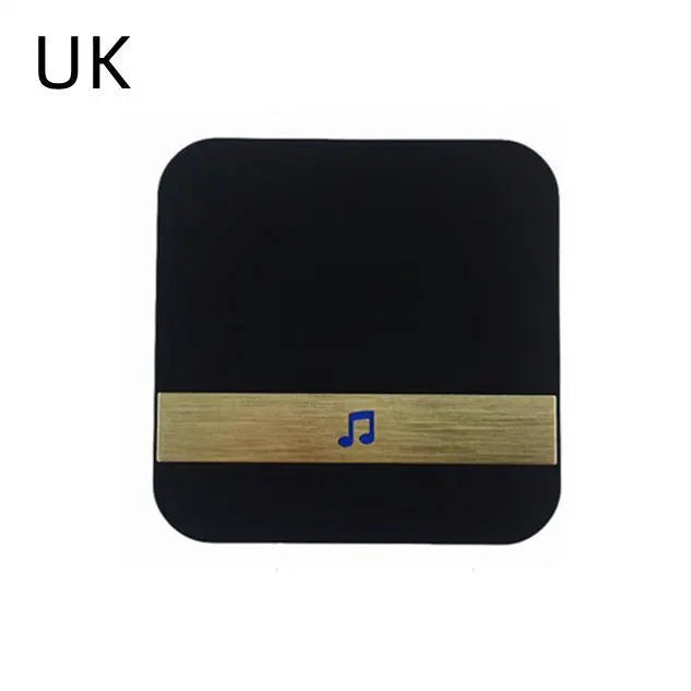Square black UK wireless video doorbell chime with brass accent and blue music note icon on front panel