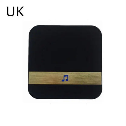 Square black UK wireless video doorbell chime with brass accent and blue music note icon on front panel
