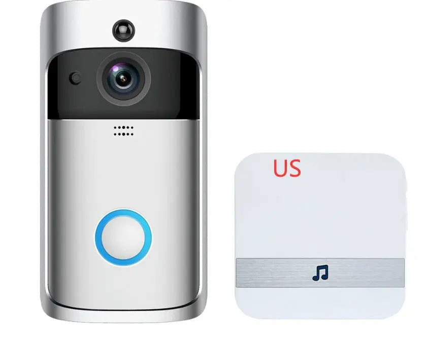 Front view of silver smart wireless video doorbell with camera lens and white chime box marked US