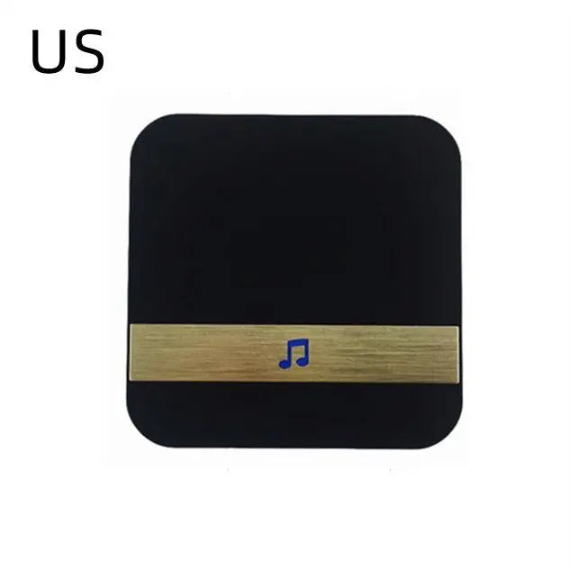 Square black wireless video doorbell with gold horizontal button and blue music note icon, US version