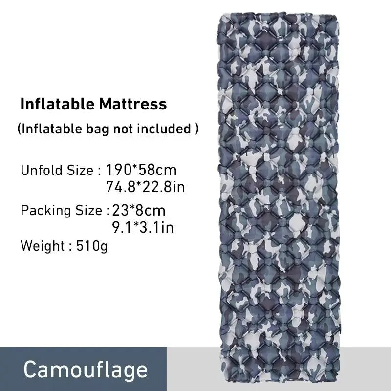 Camouflage pattern WESTTUNE ultralight inflatable camping sleeping pad with dimensions and weight details displayed