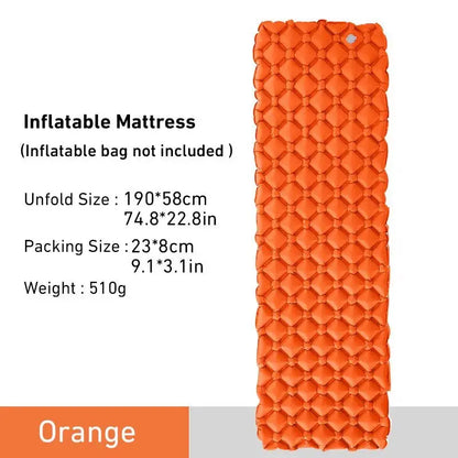 Orange WESTTUNE ultralight inflatable camping sleeping pad with honeycomb air cushion design and size details displayed