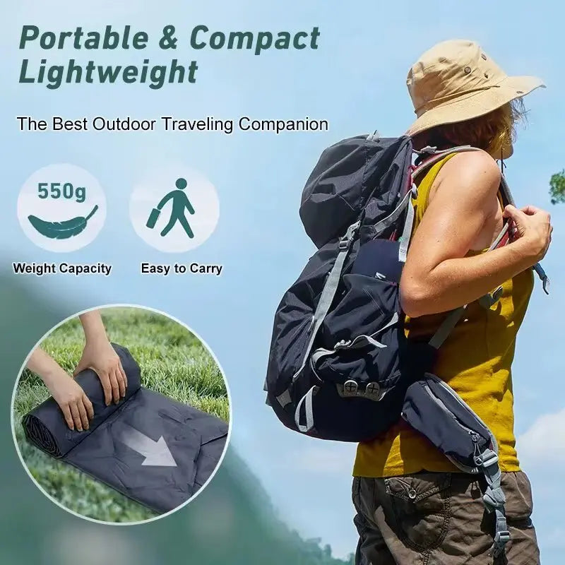 Woman wearing a backpack outdoors with inset showing rolled lightweight portable black camping sleeping pad