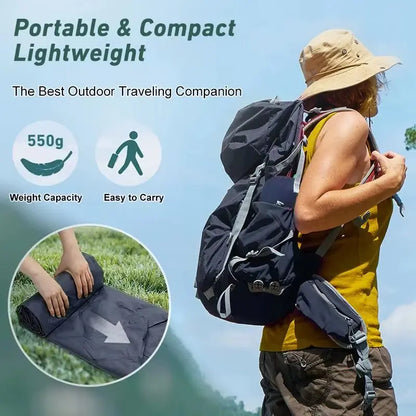 Woman wearing a backpack outdoors with inset showing rolled lightweight portable black camping sleeping pad