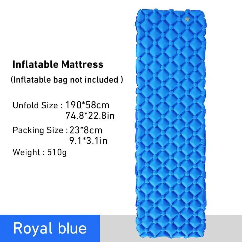 Royal blue WESTTUNE ultralight inflatable camping sleeping pad with hexagonal air cells and compact fold size details displayed