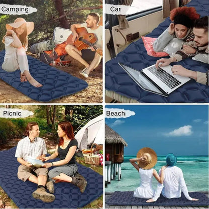 Collage showing WESTTUNE ultralight inflatable camping sleeping pad used at camping, car, picnic, and beach settings