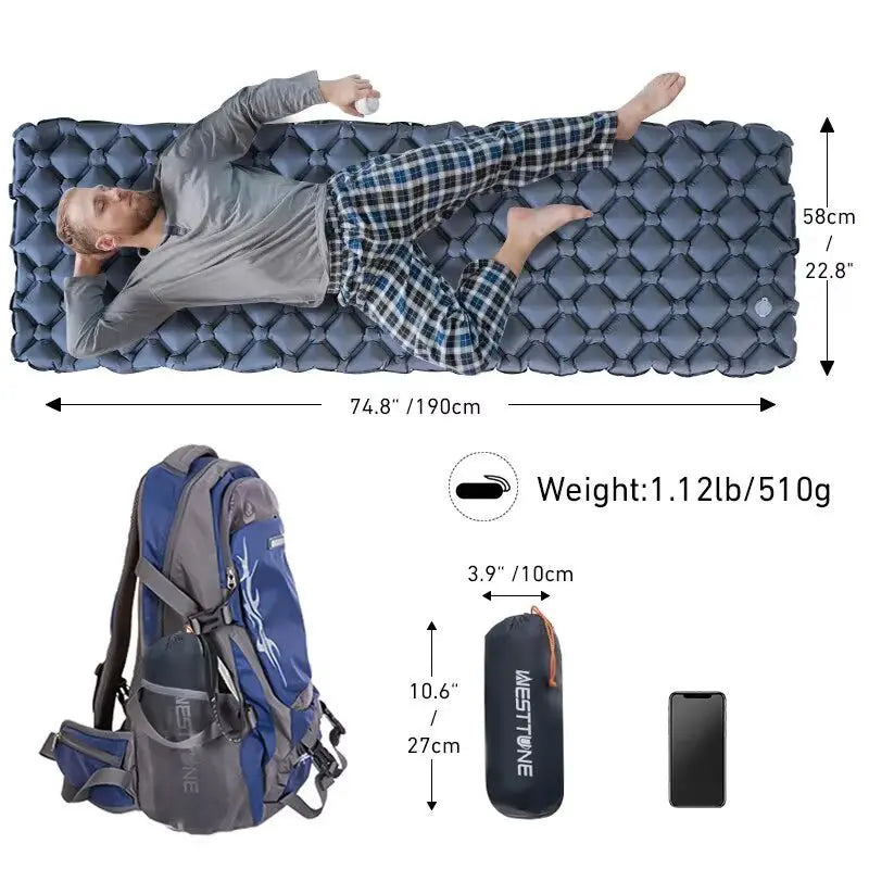 Overhead view of ultralight inflatable WESTTUNE camping sleeping pad with dimensions and packed size next to backpack and phone
