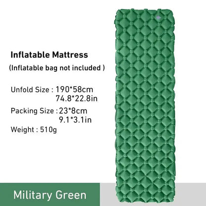 Military green WESTTUNE inflatable camping mattress with honeycomb design and size specifications displayed beside it