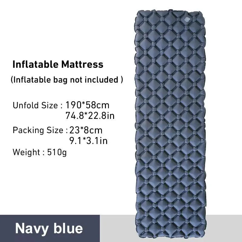Navy blue ultralight inflatable camping mattress with air cushion design, dimensions and weight specifications shown