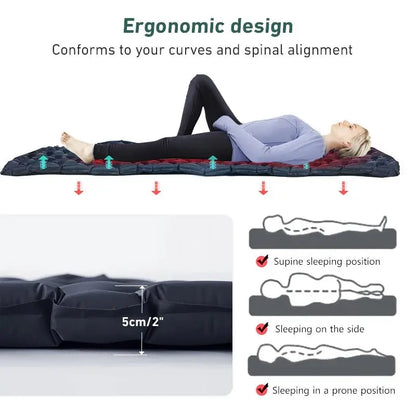 Woman lying on black and red inflatable camping sleeping pad demonstrating ergonomic design and spinal alignment support