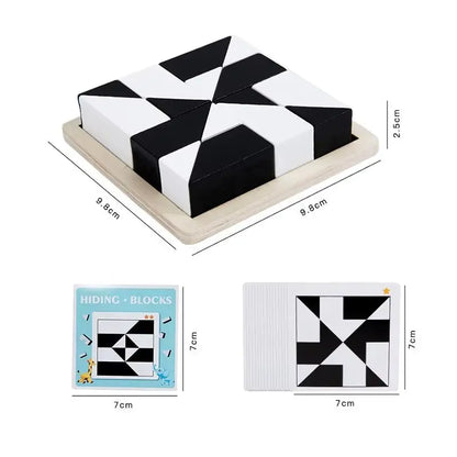 White and black geometric wooden tangram puzzle blocks on tray with matching pattern cards for kids brain teaser game