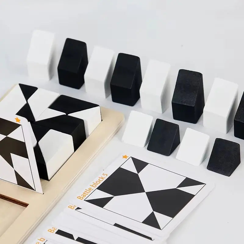 Black and white wooden building blocks arranged for two-player Tangram puzzle battle game with pattern cards on white surface