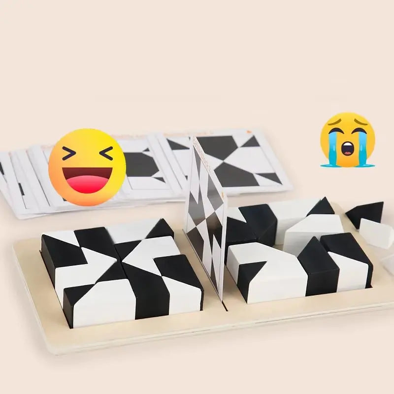 White and black wooden Tangram puzzle pieces arranged on a board for 2-player battle brain teaser game for kids
