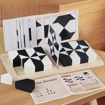 White and black wooden Tangram puzzle pieces arranged on board with instruction cards and challenge guide for two players