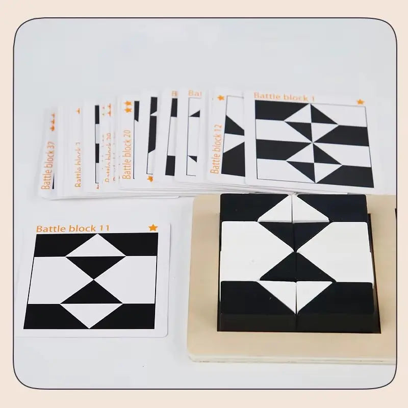 Wooden white and black tangram puzzle blocks arranged on a tray with matching pattern challenge cards stacked nearby