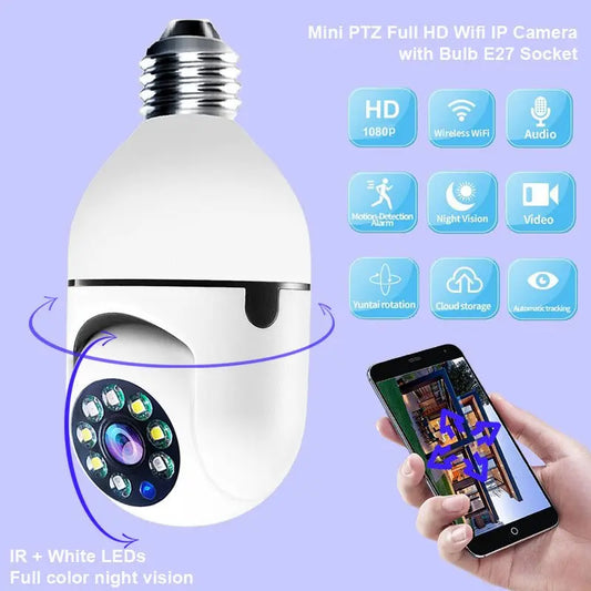 White WiFi 1080P bulb camera with E27 socket featuring 4X zoom, night vision, motion detection, and smartphone control app