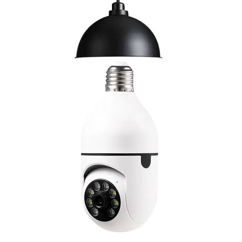 White WiFi 1080P bulb camera with 4X zoom and circular LED lights, designed for home security monitoring