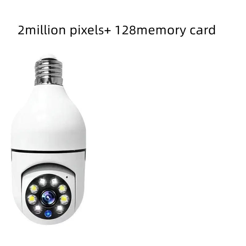 White WiFi bulb camera with 2 million pixels resolution and 128GB memory card support shown on plain background