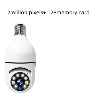White WiFi bulb camera with 2 million pixels resolution and 128GB memory card support shown on plain background
