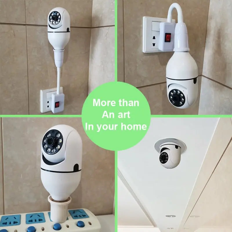 Four views of white WiFi 1080P bulb camera with 4X zoom installed on wall, ceiling, and power outlets at home
