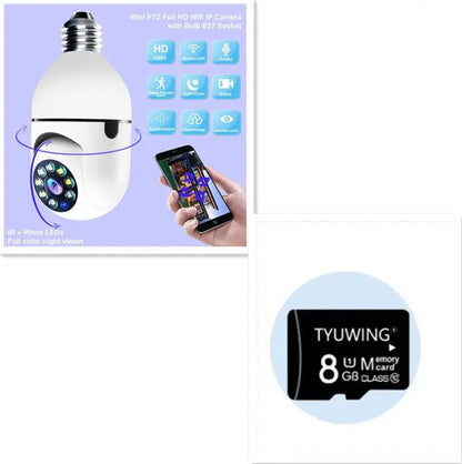 White WiFi 1080P bulb camera with 4X zoom and night vision showing smartphone monitoring and 8GB memory card