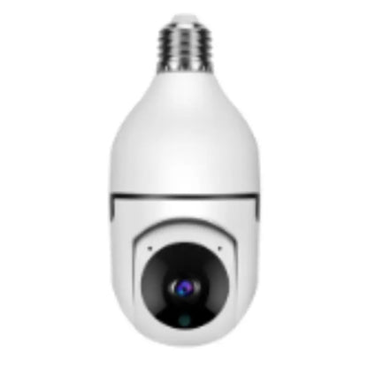 Front view of white WiFi 1080P camera bulb with 4X zoom lens and E27 screw base for home security monitoring