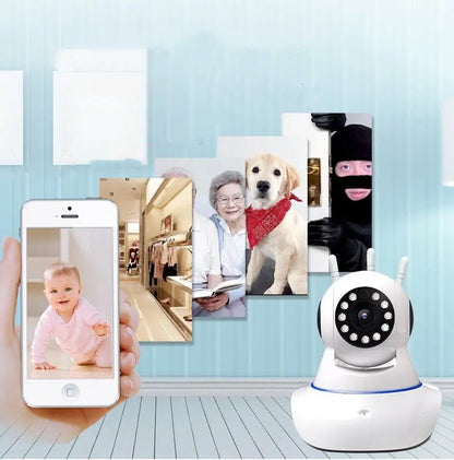 Wireless security camera with WiFi antenna showing live feed of baby, store, elderly, dog, and intruder on smartphone screen