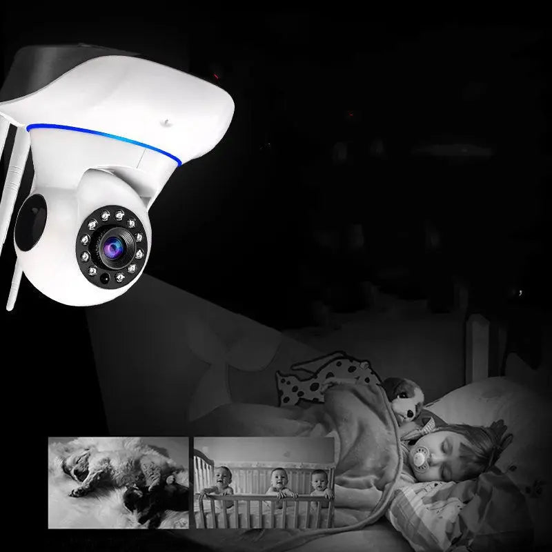 White wireless security camera with antenna monitoring sleeping child and live video feed of pets and babies