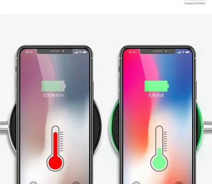 Two smartphones on wireless charging pads showing battery levels and thermometer icons indicating charging temperature safety