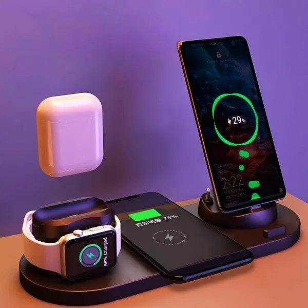 Black 6-in-1 wireless charging dock station with smartphone, smartwatch, earbuds, and accessories charging simultaneously