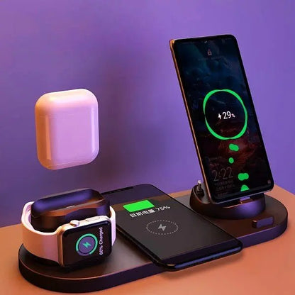Black 6-in-1 wireless charging dock station with smartphone, smartwatch, earbuds, and accessories charging simultaneously