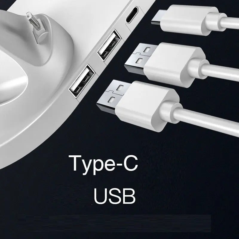 Close-up of white Type-C and USB cables plugged into a white charging dock with multiple ports on black background