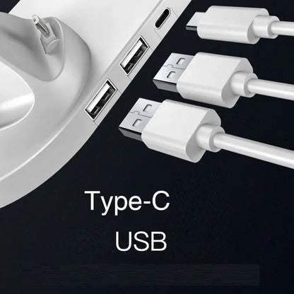 Close-up of white Type-C and USB cables plugged into a white charging dock with multiple ports on black background