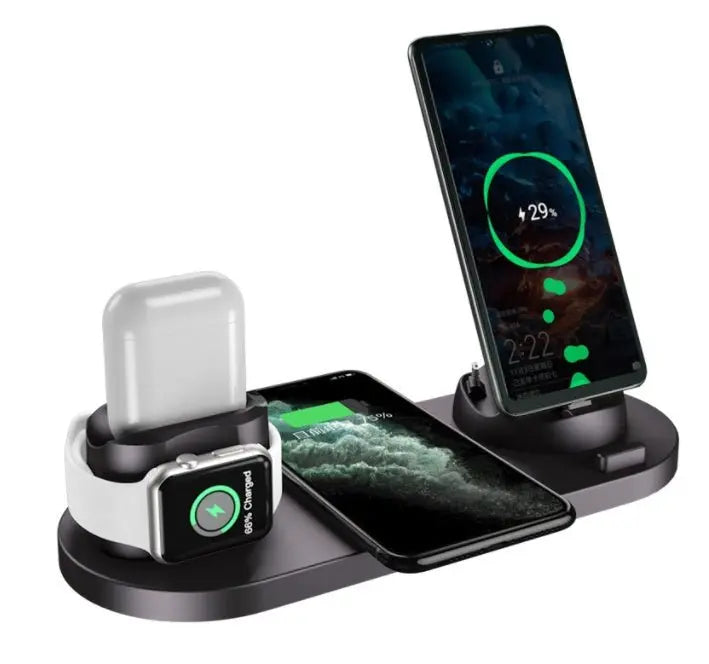 Black 6-in-1 wireless charging dock with phone, smartwatch, and earbuds charging on separate pads