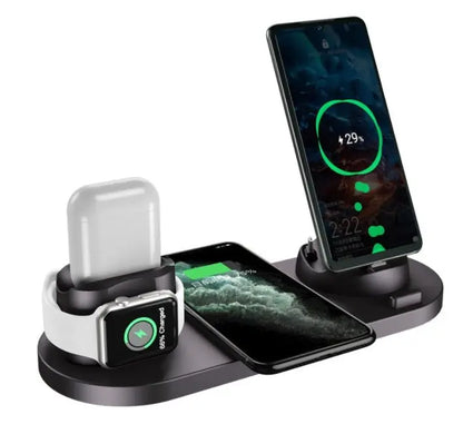 Black 6-in-1 wireless charging dock with phone, smartwatch, and earbuds charging on separate pads