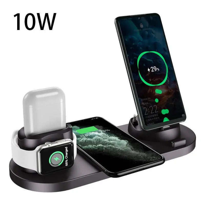 6-in-1 black wireless charging dock station with fast charging pad for phone, smartwatch, and earbuds displayed with devices