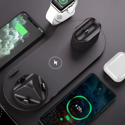 Black 6-in-1 wireless charging dock with iPhone, Android phone, Apple Watch, and earbuds charging simultaneously