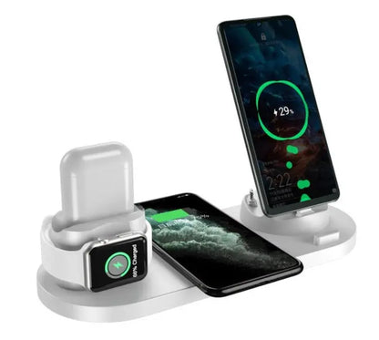 White 6-in-1 wireless charging dock station with smartphone, smartwatch, and wireless earbuds charging simultaneously