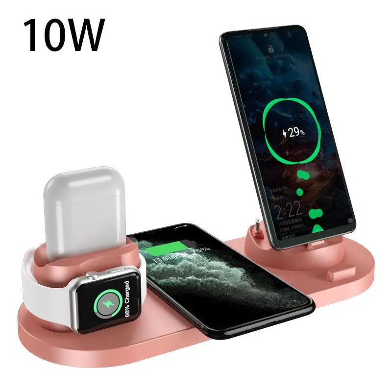 Rose gold 6-in-1 wireless charging dock station charging iPhone, AirPods, and Apple Watch simultaneously