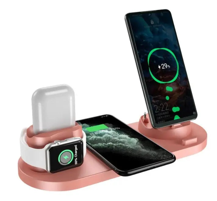 6 in 1 rose gold wireless charger dock station charging smartphone, smartwatch, and wireless earbuds simultaneously