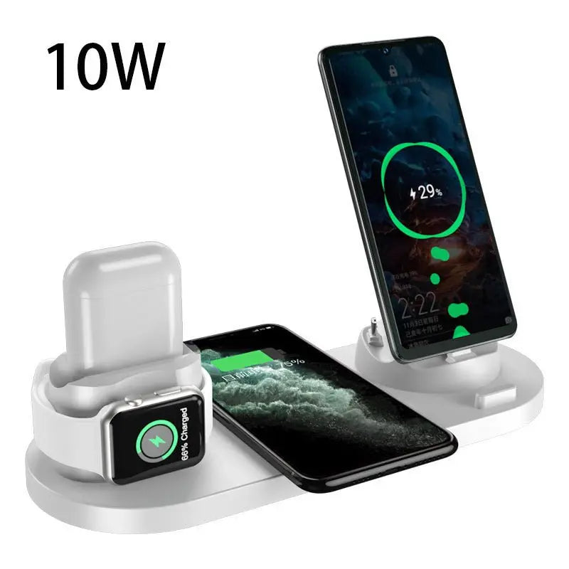 White 6-in-1 wireless charging dock station with fast charging for phone, watch, and earbuds displaying 10W power